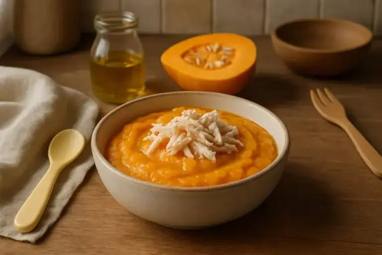 papinha de abóbora com frango desfiado e azeite